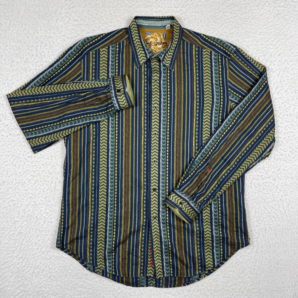 Robert Graham Button Down Shirt Mens XL Multi Striped Chevron Designer Luxury